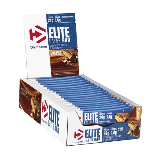 Dymatize Elite Layer Bar Peanut Butter & Caramel - Hochwertiger Proteinriegel - Proteinriegel mit 24g Protein und nur 1,5g Zucker, ideal für Low Carb-Phasen. Perfekt für Sport und als Snack für einen aktiven Lebensstil.
