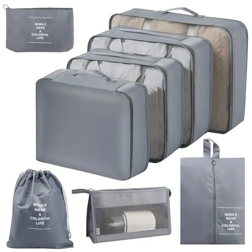 Lrocotanc 8-teiliges Grau Packing Cubes Koffer-Organizer-Set – Wasserdichte Reise-Kleidertaschen mit Transparentem Mesh-Oberteil und Reißverschluss