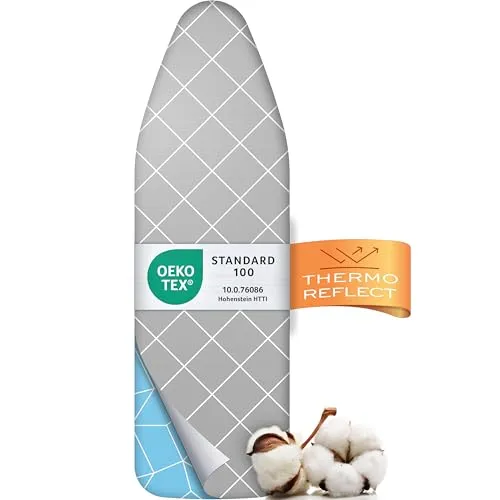 Timbley Turbo Bügelbrettbezug 120x40 – Hitzereflektierend für schnelleres Bügeln – einfache Montage mit Gummizug – 2X Komfortpolsterung & OEKOTEX100 | Made in Europe | Größe M