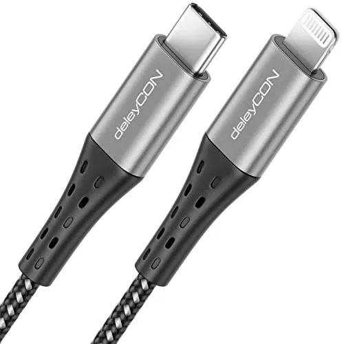 deleyCON 1m USB-C auf Lightning 8 Pin Nylon Ladekabel Datenkabel Ultra Schnellladen MFi Zertifiziert für Apple iPhone 14 13 12 11 Pro Max Mini Metallstecker Power Delivery