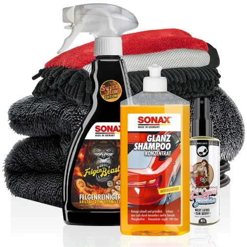 Auto Wasch Set SONAX Auto Glanzshampoo Felgenreiniger Duftspray Mikrofasertuch