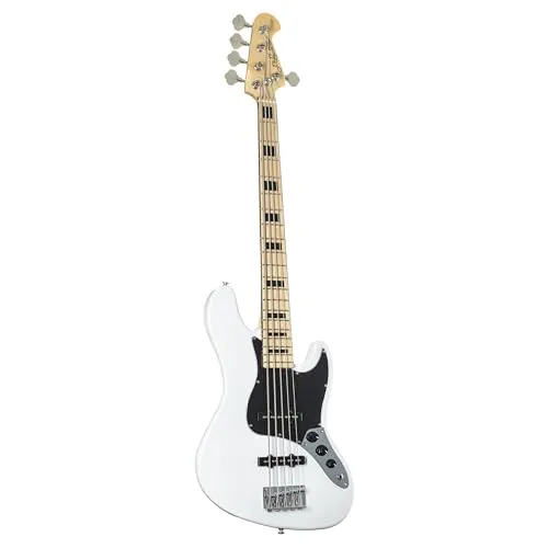 J & D E-Bass 5-String WH White - E-Bass für Einsteiger mit 5 Saiten und Erlekorpus, bietet vielseitige Klänge durch 2 Single-Coil Tonabnehmer und hervorragende Spieleigenschaften.