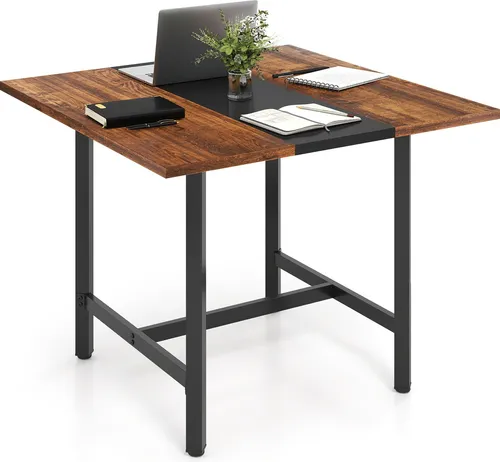 COSTWAY Konferenztisch 100x100 cm – Rustikal Braun + Schwarz, stabiler Metallrahmen für 4 Personen - Vielseitiger Konferenztisch mit 3 cm dicker Tischplatte und robustem Metallgestell. Ideal für Meetings und Schulungen, bietet Platz für 4 Personen und überzeugt durch stilvolles Design.
