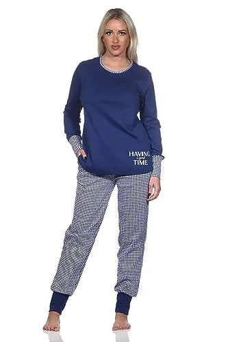 Normann Damen Schlafanzug in Marine, Größe 48-50 – Kuschel Interlock Qualität - Kuscheliger Langarm Pyjama aus hochwertigem Interlock-Material, ideal für kalte Nächte. Mit farblich abgesetzten Bündchen für optimalen Komfort und in Übergrößen erhältlich. Genießen Sie warme Nächte und gemütliche Homewear!