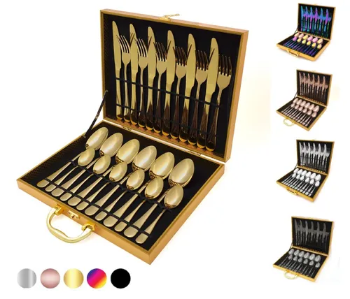 Edelstahl Besteckset 24 tlg. in Holzbox – Hochwertiges Cutlery Set für 6 Personen - Elegantes 24-teiliges Edelstahlbesteckset für 6 Personen in verschiedenen Farben. Ideal für festliche Anlässe oder als Geschenk. Mit hochwertiger Aufbewahrungsbox und ergonomischem Design für besten Halt.