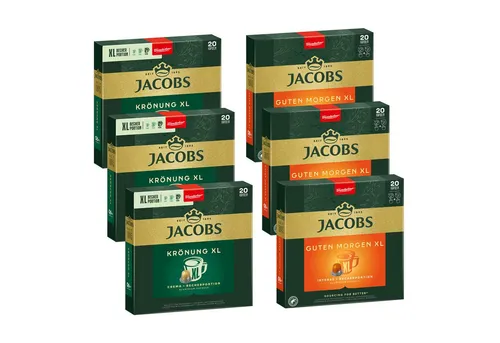 JACOBS Kaffee Kapseln 3x20 Krönung Crema XL + Guten Morgen XL - Nespresso®* kompatible Kaffeekapseln für genussvolle Momente. Krönung Crema XL: ausgewogen und samtig, Guten Morgen XL: charaktervoll und harmonisch. Ideal für den perfekten Start in den Tag!