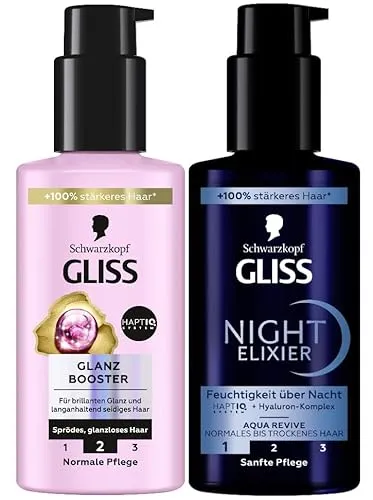 GLISS Glanz Booster Haarserum (100 ml), Haarpflege für brillanten Glanz, Leave in Haarpflege & Gliss Night Elixier Aqua Revive (100 ml), versorgt trockenes Haar im Schlaf mit Feuchtigkeit