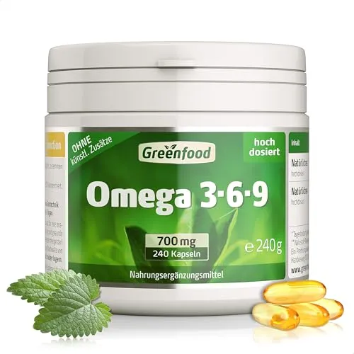 Omega 3,6,9, hochdosiert, 700mg - 240 Kapseln (Softgel). Reich an EPA, DHA - gut für Herz, Blutdruck und die Cholesterinwerte. OHNE künstliche Zusätze - laborgeprüft. Von Greenfood.