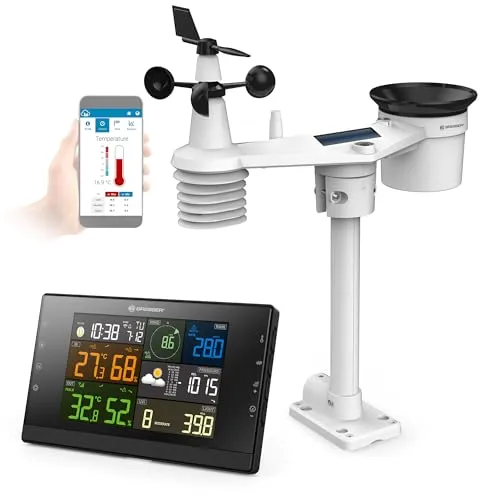 BRESSER WLAN-Wetterstation Profi-WSC mit 7-in-1-Sensor - Wetterstationen mit 7-in-1-Sensor, bietet präzise Wetterdaten und ein elegantes 14,5 cm Farbdisplay für eine stilvolle Integration in Ihr Zuhause.