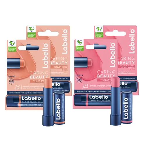LABELLO Lippenpflege Set CARING BEAUTY 2 x Nude + 2 x Rose SPF30