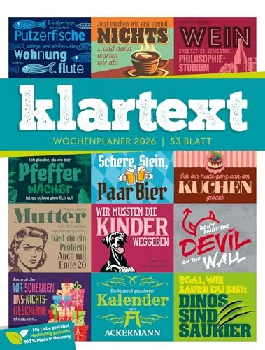 Klartext Sprüchekalender Wochenplaner 2026 | Humorvoller Typo-Wochenkalender im Hochformat (25x33 cm) | Mit lustigen Sprüchen und Rätseln