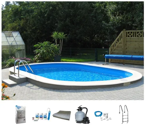my POOL BWT Ovalpool PREMIUM mit blauer Innenfolie, 7-tlg. Komplett-Set - Ovales Stahlwandbecken mit einer Höhe von 150 cm und einer Füllmenge von 32.000 l. Ideal für entspannende Sommertage, inklusive Sandfilteranlage und Zubehör für die Pflege.