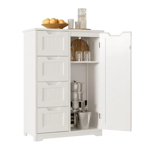 Bealife Stand-Badezimmerschrank, Weißer Badezimmerschrank mit Verstellbaren Einlegeböden und 4 Schubladen für Bad und Wohnzimmer, 30 x 60 x 85 cm