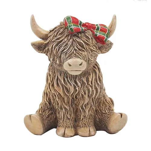 Lesser & Pavey Happy Highland, Highland Cow Tartan Bow Figuren, Statuen für Heimdekoration, ideales Ornament, Freundschaftsgeschenk für Damen und Herren, schöne Tischdekoration und