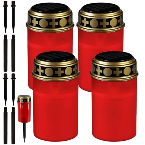 Grabkerze, Solar LED Grablicht 4er Pack Mit Erdspieß für Den Außenbereich - Grabdeko, Erinnerung, Andenken (Rot)