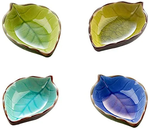 PROLEO 4 Stück Mini-Schälchen Keramik Blätter Form Hand gefertigt Saucen Schalen, aus Keramik, Set von 4 Farben