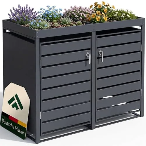 novaterra® Mülltonnenbox Metall Anthrazit für 2×240L - Wetterfeste Mülltonnenverkleidung für zwei 240-Liter-Tonnen mit Pflanzdach. Integrierte Auffangkette sorgt für sicheren Stand. Modernes, anthrazitfarbenes Design passt perfekt in jeden Außenbereich.