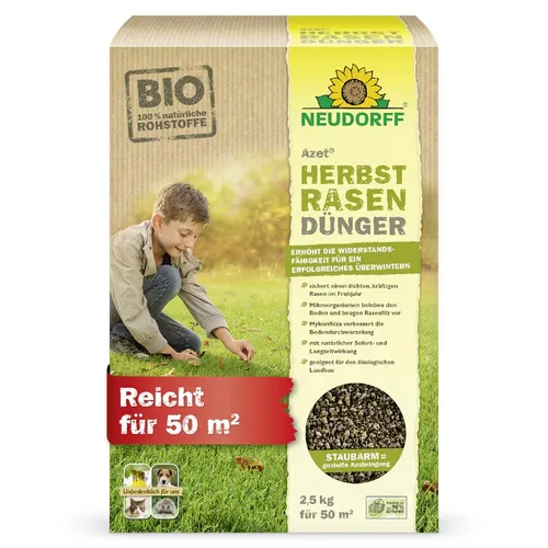 Neudorff Rasendünger Bio - Azet HerbstRasenDünger 2,5 kg - Organischer Rasendünger für 50 m², stärkt die Frosthärte und sorgt für einen dichten, kräftigen Rasen im Frühjahr. Unbedenklich für Tiere und fördert mit Mikroorganismen die Bodendurchwurzelung.