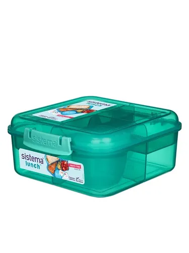 Stk-Sistema 41685 Bento Cube Box - Brotdose mit 1,25 L Kapazität, BPA-frei und ideal für eine gesunde Lunchbox mit Fruit-/Joghurt-Topf im praktischen Mint-/Blau-/Rosa-Design.