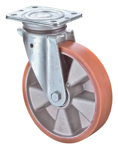 Schwerlast-Lenkrolle mit Polyurethanrad - 280 kg Tragkraft - Transportgeräte & Rampen - Ideal für professionellen Einsatz, mit kugelgelagertem Aluminium-Radkörper und geringem Rollwiderstand für leichten Lauf bei hohen Belastungen.