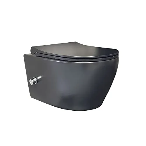 Aloni WC Schwarz Matt Spülrandlos mit Taharet Armatur - Sanitäranlagen & Zubehör - Spülrandloses Design für einfache Reinigung und integrierte Hygienedusche für Komfort und Sauberkeit.