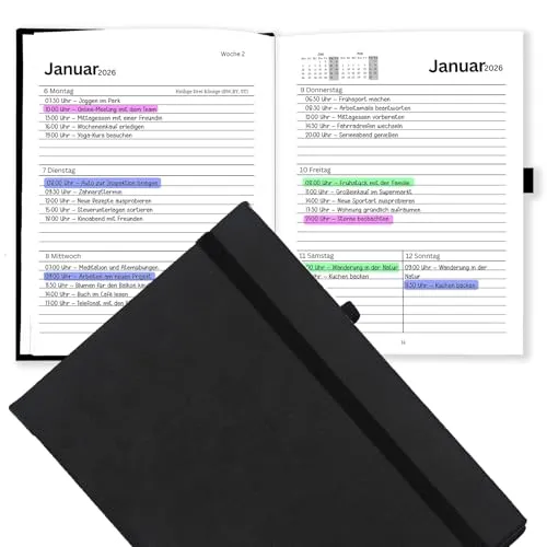 DIN A6 2026 Terminplaner Kalender auf Deutsch, Terminkalender Wochen-Planer, Agenda & Organizer, Wochenkalender Buchkalender mit Kunstleder-Hardcover & 120 g/m² Papier (2025-2026)