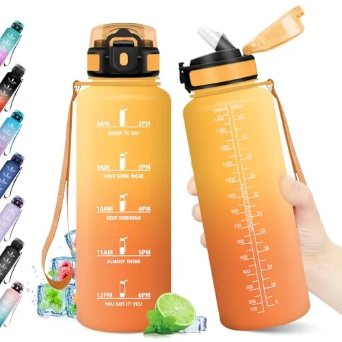 Trinkflasche Sport 1.5L, Auslaufsicher, Wasserflasche mit Strohhalm, Trinkflasche mit Zeitmarkierung, Wasserflasche Kohlensäure Geeignet, BPA-frei, Sportflasche für Fitness, Gym, Fahrrad, Yoga