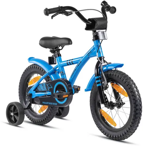 PROMETHEUS Kinderfahrrad 14 Zoll - Blau/Schwarz mit Stützrädern - Kinderfahrrad für Jungen und Mädchen ab 3-4 Jahren, leicht und stabil, mit sicherem Bremsystem und abnehmbaren Stützrädern für den perfekten Einstieg ins Radfahren.