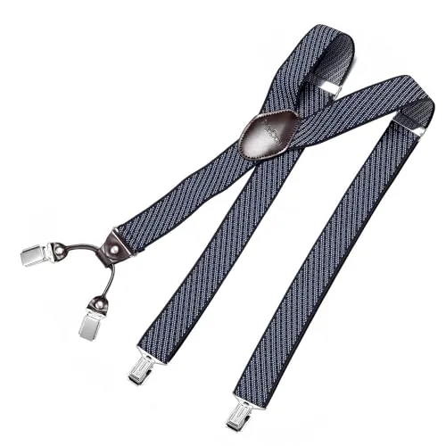 DonDon Hosenträger Herren extra stark gestreift blau schwarz 3,5 cm Hosenträger Herren breit mit brauem Leder in Y-Form lang - Starke Clips passend für Anzug Jeans Chinos Vintage Rockabilly Suspenders