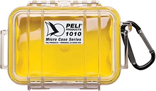 PELI 1010 Kleiner Schutzbehälter Peli Micro Case für Sensible Utensilien, IP67-Zertifiziert, 0,3L Volumen, Transparent/Gelbe Grummieinlage