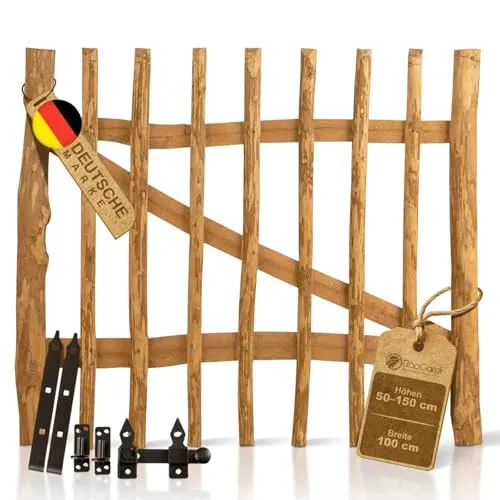 BOOGARDI Gartentor Holz 100 cm breit – Vielseitige Gartentür für Staketenzaun - Das 100 cm breite Gartentor aus Haselnuss bietet einen stilvollen Zugang zu Ihrem Grundstück. Mit hoher Lebensdauer und sicherem Design ist es ideal für Ihren Garten oder Ihre Terrasse. In verschiedenen Größen erhältlich.