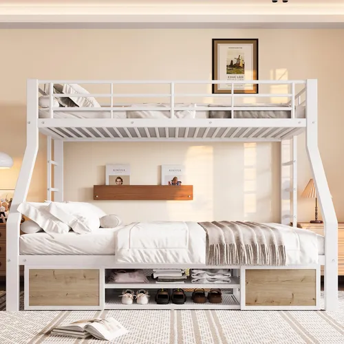Etagenbett mit Rausfallschutz und Regalschrank, 90x200cm/140x200cm, Metallbett für Kinder