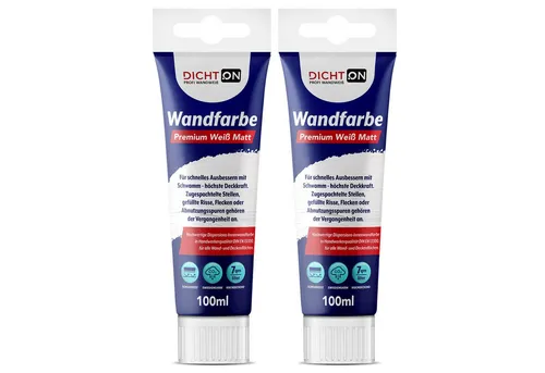 DICHTON Wandfarbe Ausbessern weiß mit Schwamm 100ml D.63W, Deckvermögen Klasse 1 bei 7qm/L