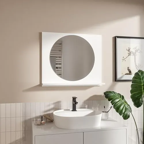 HAJDUK FURNITURE Badspiegel Rund mit Ablage Weiß 70x60 cm Spiegel ⌀55 cm Badezimmer-Wand-Rasierspiegel mit Stauraum Badezimmerspiegel Wandspiegel Hängespiegel Badmöbel