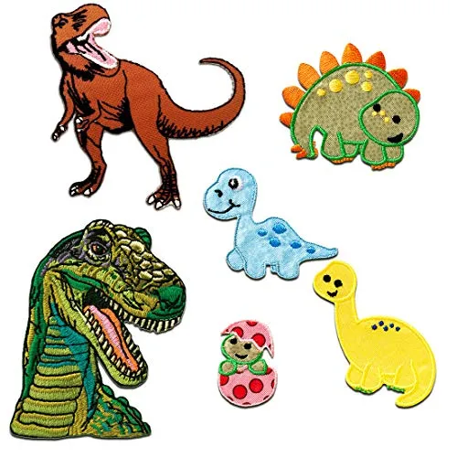 Catch the Patch Dino Set 6 Stück Tier - (Größe: verschiedene Größen) – Aufbügler & Applikationen in verschiedenen Größen – Ideal für Kleidung, Schulranzen, Jeans & Rucksäcke
