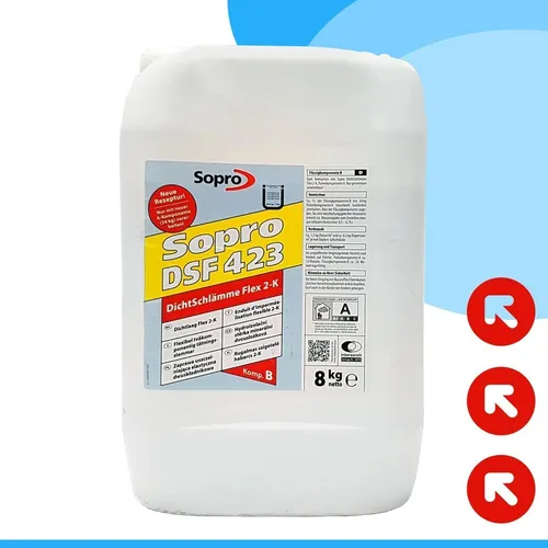 SOPRO DSF 423 DichtSchlämme Flex 2-K Abdichtung 8 KG - Flexible, faserarmierte Dichtungsschlämme für Balkone, Terrassen und Duschen. Ideal zur Abdichtung auf alten Fliesenbelägen und für Brauchwasserbehälter bis 6 m Wassertiefe.