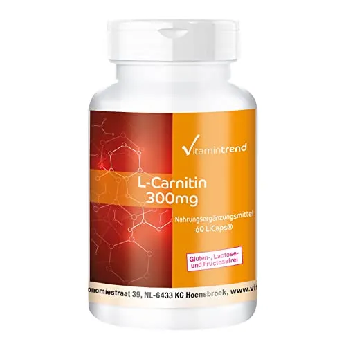 Vitamintrend L-Carnitin 300 mg, 60 Kapseln, schluckfreundlich, Carnipure kristallin, hochrein, Nahrungsergänzungsmittel vegan ohne Magnesiumstearat, in Deutschland hergestellt
