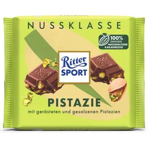 Ritter-Sport Tafelschokolade Pistazie, 100g - Vollmilchschokolade mit 30% Kakaoanteil und knackigen, gerösteten Pistazienstückchen. Ideal für genussvolle Momente. Inhalt: 100g, perfekt zum Teilen oder selbst genießen.
