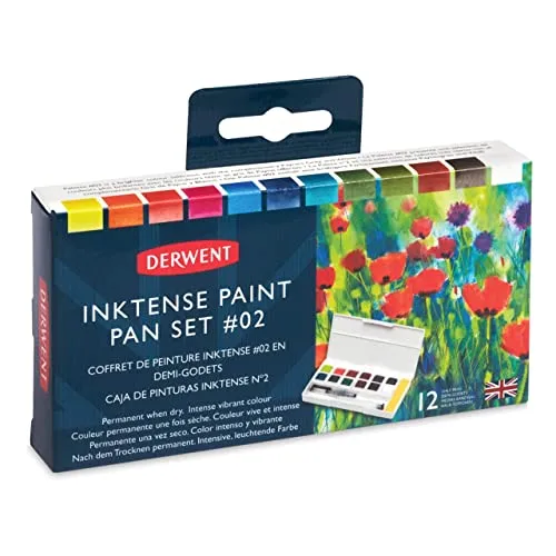 Derwent Inktense 12 Farbtöpfchen #2, 12er Set, halbe Töpfchengröße, wasserlöslich, ideal zum Malen und Basteln auf Papier und Stoff, professionelle Qualität, Reisegröße (2305789)