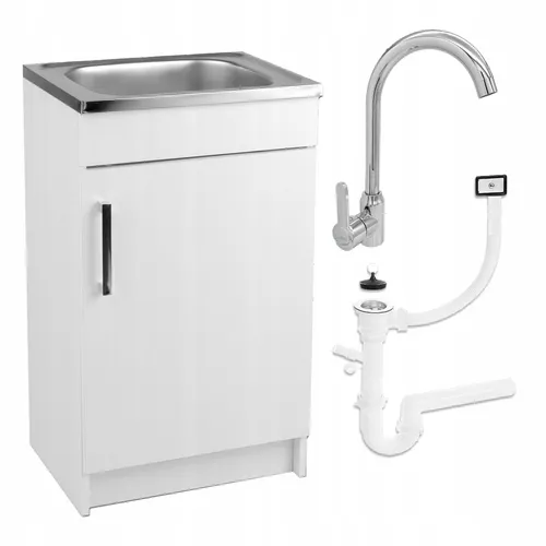 Stamar Küchenschrank mit Spüle - Weiß - 50 x 40 cm - Küchenunterschrank mit eleganter Edelstahl-Spüle, ideal für platzsparende Lösungen in kleinen Küchen. Hohe Chromarmatur und individuelle Anpassungsmöglichkeiten für perfekten Komfort.