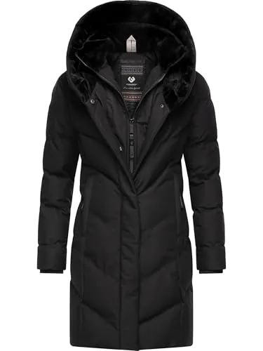Ragwear Damen Wintermantel Warmer wasserdichter und atmungsaktiver Steppmantel lang mit Kapuze und hohem Teddy-Fleece-Kragen Natalka Cosy YOUMODO Black Gr. 6XL