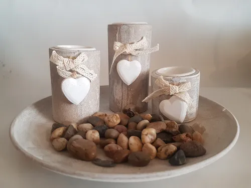 Teelichthalter 3er Herz Dekor aus Holz, Glas Weiß 24 cm