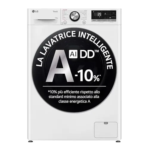 LG AI DD F4R7011TSWC Waschmaschine der Klasse A-10%, 11 kg R7-Serie, Frontlader, 1400 RPM, AI Wash, TurboWash 360, Dampfreinigung, Wi-Fi, Bullauge aus gehärtetem Glas, frei installierbar, Weiß