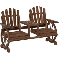 Outsunny 2-Sitzer Gartenbank Holz mit Schirmloch - Wetterfeste Holzbank für Garten und Balkon, mit originellen Wagenradbeinen und integriertem Tisch für entspannte Stunden im Freien. Belastbar bis 120 kg pro Sitz.