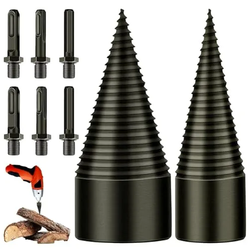 Holzspalter Schraube Kegel, 32mm+42mm Spaltholzkegel Holzspalterbohrer, Bohrkegel Holzspalter mit 6 Bohrgriffe, Spiralbohrer Kegelspalter für den Haushalt