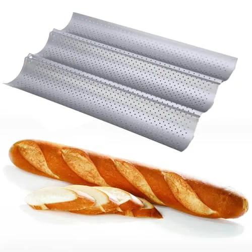 katmerio Baguette-Backblech (38 x 24,5 cm) für 3 Baguettes mit 3 Mulden, Brötchen Backform Gelocht, Brot Backen Zubehör, Antihaft Metall-Backform