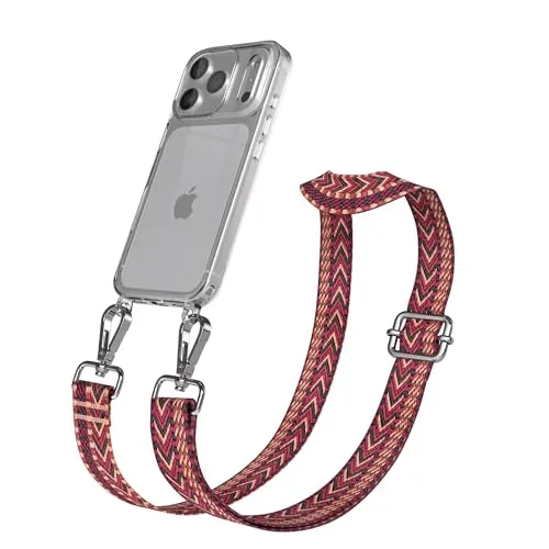 EAZY CASE Handykette - Verstellbares Taschenband kompatibel mit iPhone 17 Pro, Schulterriemen, Handykordel mit Silikon Hülle, Umhängetasche, Rot Braun Silber