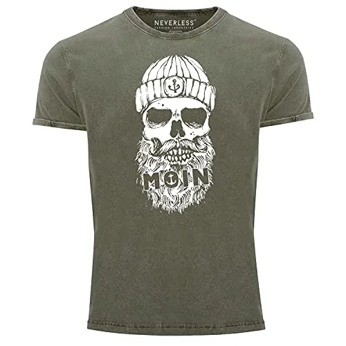 Neverless® Herren Vintage Shirt Moin Totenkopf Anker Skull Printshirt T-Shirt Aufdruck Used Look Slim Fit Oliv S