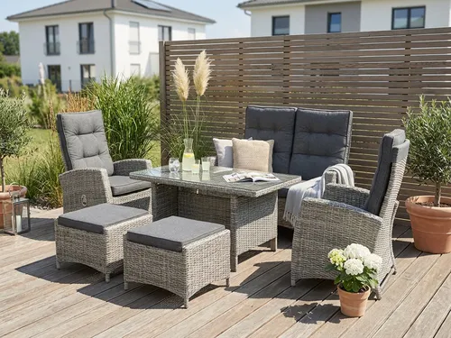 KONIFERA Garten-Essgruppe Monaco, 16-tlg. Set - Essgruppen für den Außenbereich mit stufenlos verstellbaren Rückenlehnen und pflegeleichten Polyrattan-Materialien, ideal für gemütliche Stunden im Garten oder auf der Terrasse.
