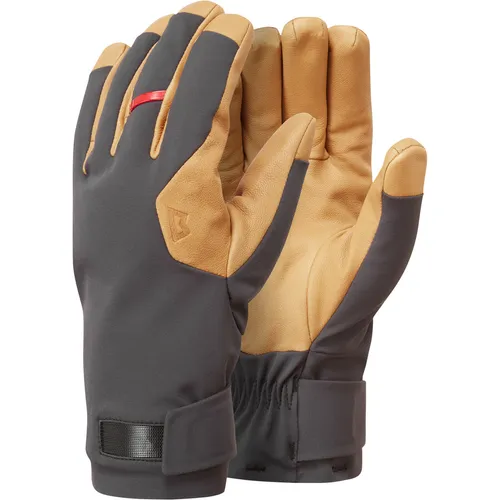 Mountain Equipment Multisporthandschuhe Direkt Glove Obsidian/Tan - Hochwertige Softshell-Handschuhe für Kletterer. Präzise Passform, wasserabweisendes Ziegenleder und reflektierende Wärmeisolierung sorgen für Komfort und Schutz bei anspruchsvollen Touren.